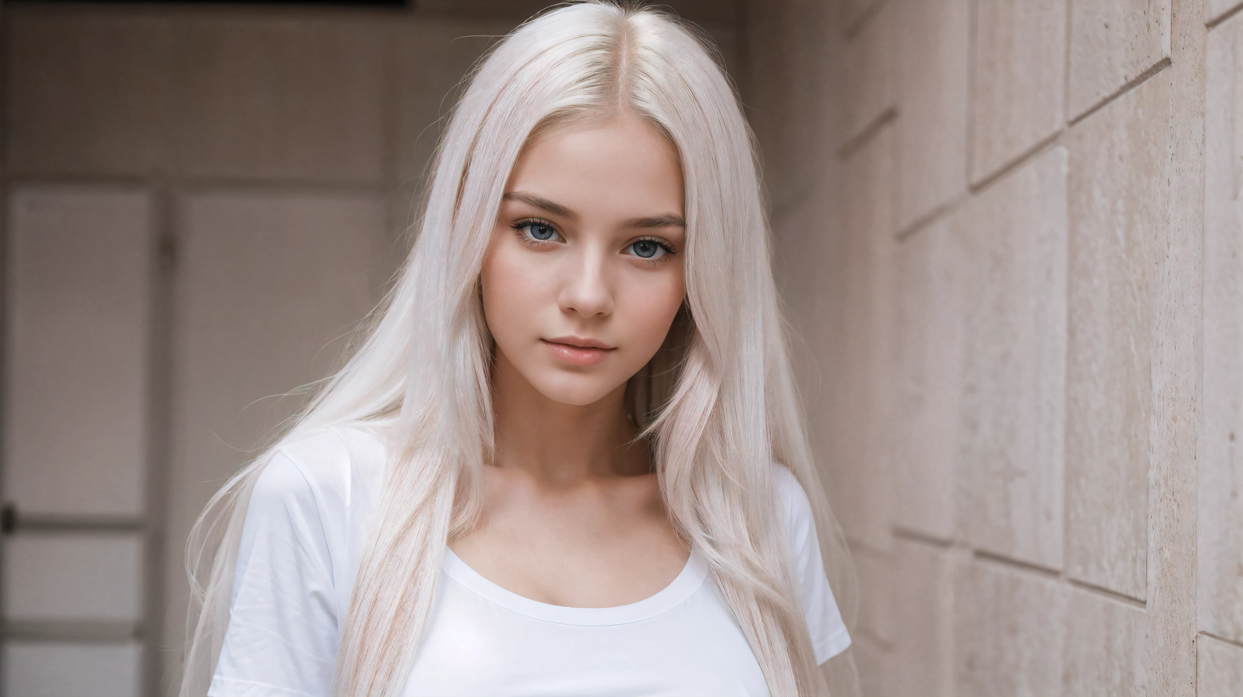 beautiful young woman, portrait, long white hair, white t-shirt, model face