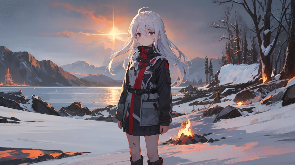 masterpiece:1.2), best quality , solo ,pixiv, anime girl ,long straight white hair , black eyes ,Wearing off-white camouflage uniform ,ten years old,battlefield,Standing in the snowy mountains,(Eyes looking into the distance:1.3),There is a flame burning beside you,(look away:1.5),snowy weather,The girl stands among the deserted snowy mountains,blood on forehead,dirty face,Background mixed with metal fragments:1.2,Backlight,Black lake in the background,Stand on a glacier,Bare rocky peaks , Scrap metal on the snow,The expression is sad