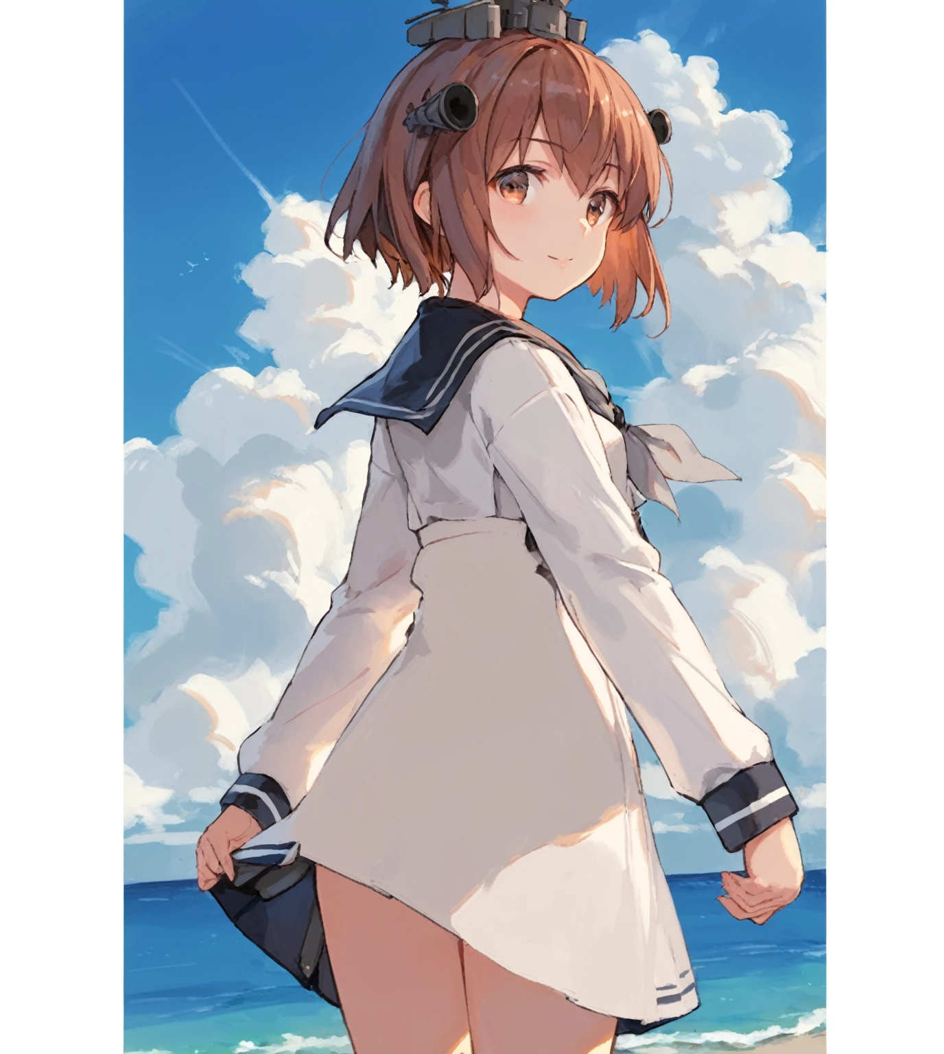 score_9,score_8_up,score_7_up,source_anime,cowboy shot,masterpiece,best quality,details background,extremely detailed,1girl,1girl,yukikaze (kancolle), brown hair, brown eyes,small breasts,short hair, sailor dress,dress,sailor collar,long sleeves,neckerchief,grey neckerchief,white dress,black sailor collar,day break,look back,sea