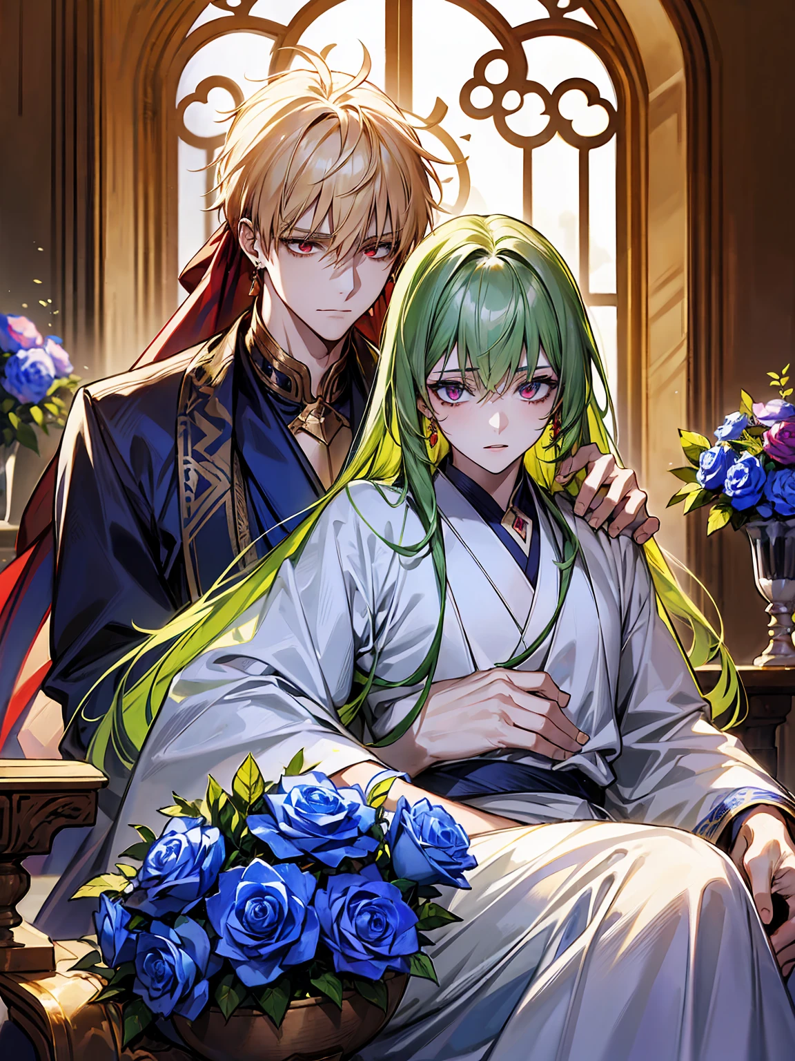 absurdres, highres, ultra detailed, HDR, master piece, best quality, extremely detailed face, delicated features, (caster) Gilgamesh, messy blonde hair, expressive red eyes, fate grand order, Enkidu, green hair, expressive blue eyes, two sexy men together, gay couple, yaoi, handsome, toned chest, arabian, golden earrings, jewelry, white kimono, red haori, blue rose garden, blue trees, blue flowers, blue butterflies, 