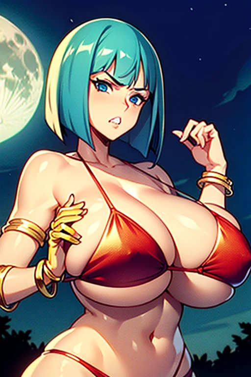 Waifu, masterpiece, curvy, breasts, moon, full moon, gloves, 1girl, clenched teeth, bulma, cleavage, large breasts, teeth, ((aqua hair)), ((red bikini:1.3)), blue eyes, rating:explicit,rule34, hardcore, ,clenched hands, night, sky, ((golden bangles:1.4)), (white skin:1.5), bare shoulders, blue hair, clenched hand, rating:questionable, ((long bob:1.5)), belt, solo, angry, lip biting(gigantic and massive tits:1.1), breasts, official illustration, illustration, detailed face, beautiful intricate eyes, curvy milf, 1:2), titsnipples