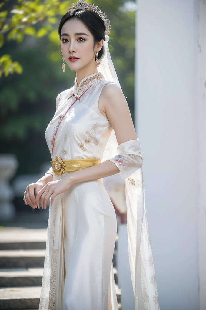 An insanely seductive Chinese actress in a white dress and a veil, a portrait inspired by Lan Ying, trending on cg society, Thai fine art, in style of lam manh, Sukhothai costume, in style of Thawan Duchanee, beautiful and elegant, white royal dress, decorated with gold, Thai pattern.