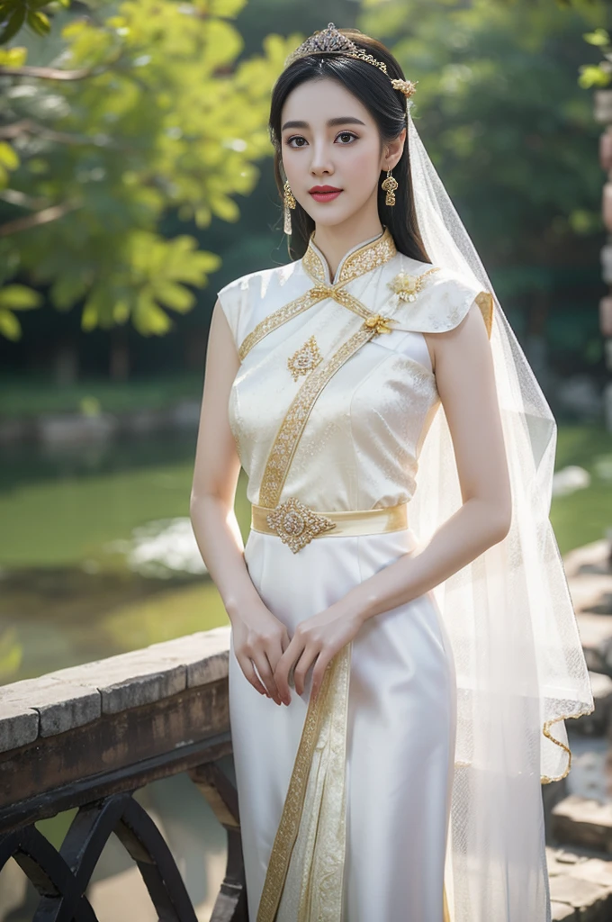 araffe asian woman in a white dress and a veil, a portrait inspired by Lan Ying, trending on cg society, fine art, in style of lam manh, sukhothai costume, dilraba dilmurat, ao dai, in style of thawan duchanee, cheongsam, beautiful and elegant, white royal dress