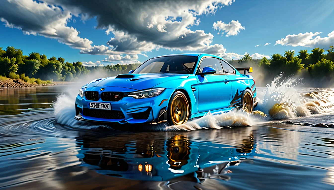 a car drifting in a river, blue sky, waves created by car, hyper realistic, photorealistic, masterpiece, 8k, ultra-detailed, realistic lighting, dynamic motion blur, dramatic clouds, vibrant colors, volumetric fog, reflective water surface, detailed car model, skid marks, splashing water