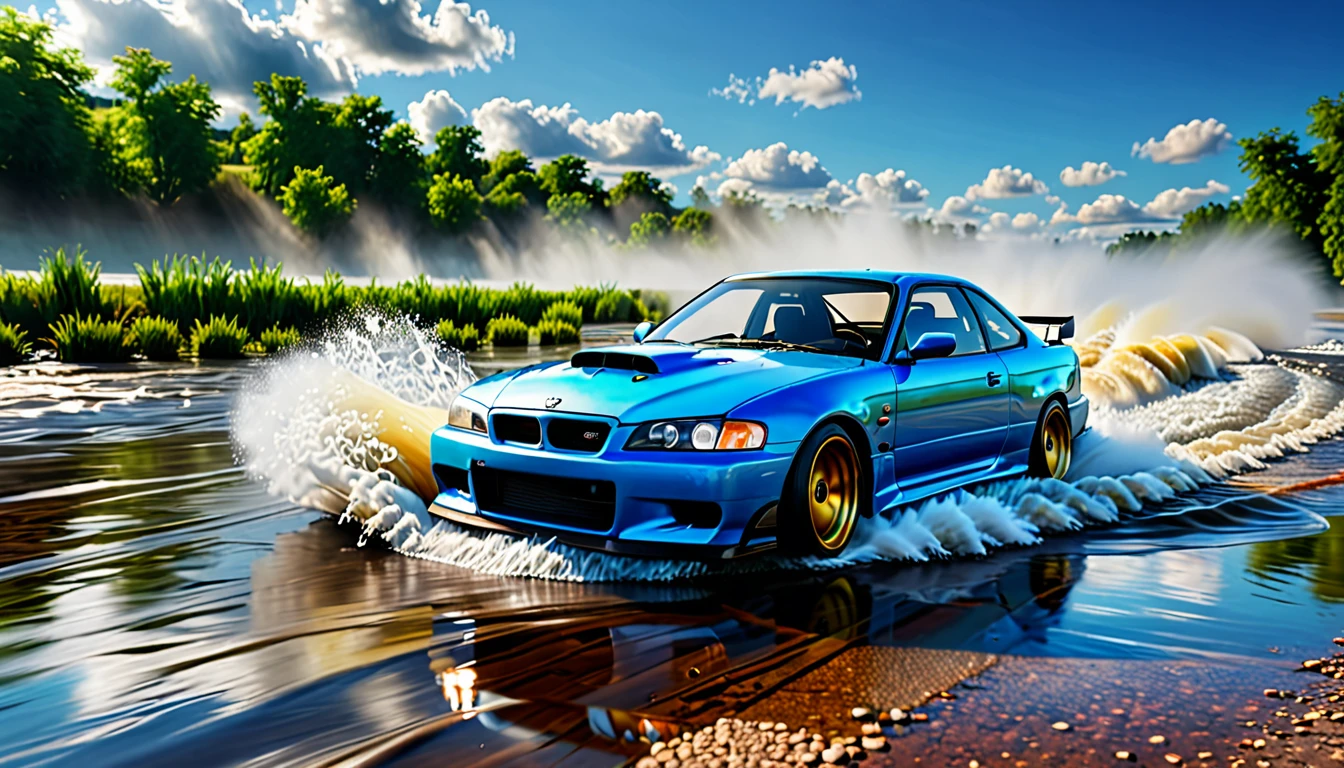 a car drifting in a river, blue sky, waves created by car, hyper realistic, photorealistic, masterpiece, 8k, ultra-detailed, realistic lighting, dynamic motion blur, dramatic clouds, vibrant colors, volumetric fog, reflective water surface, detailed car model, skid marks, splashing water