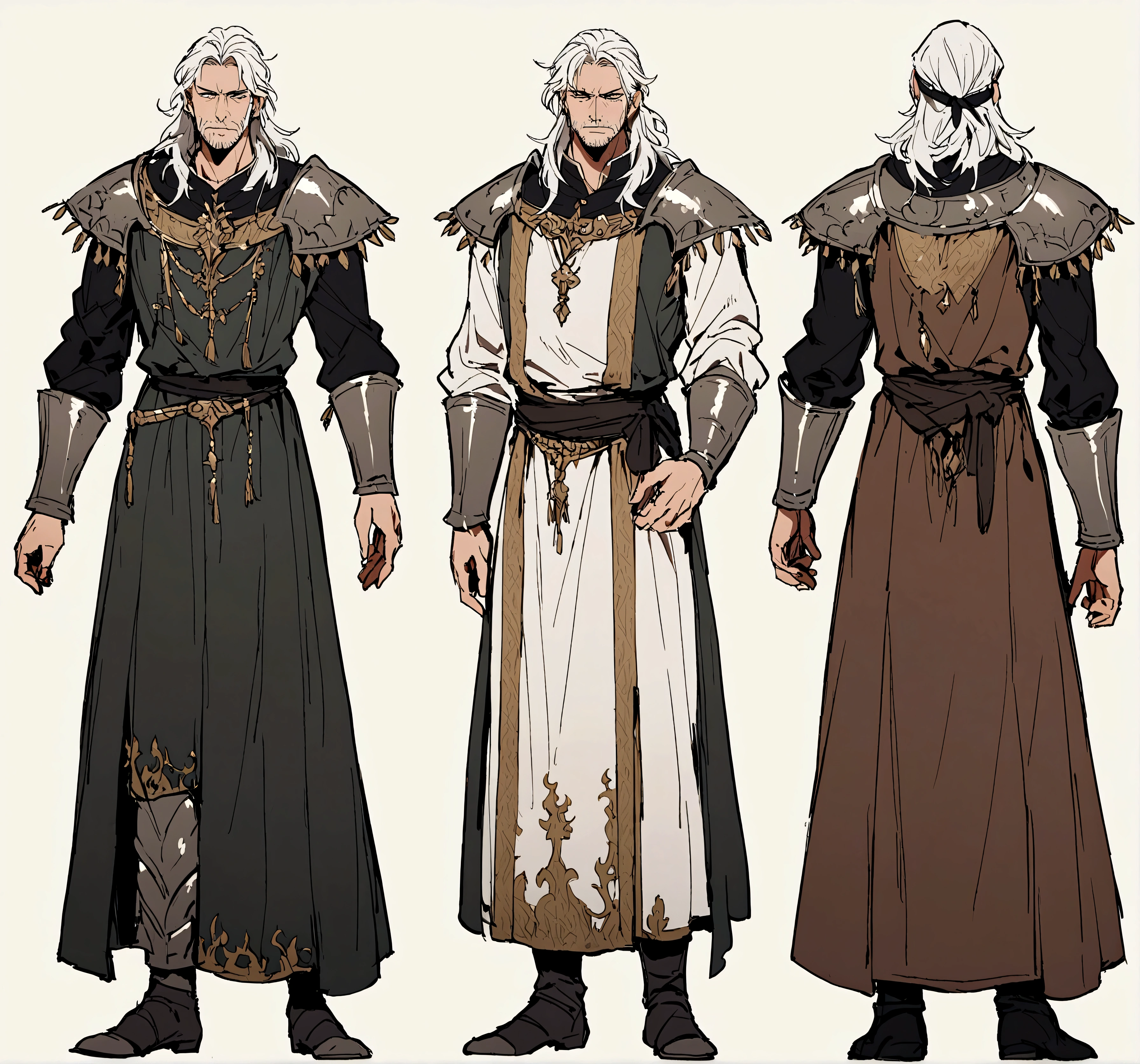 Fantasy male medieval character white hair no background middle aged, full body dont happy looking straight