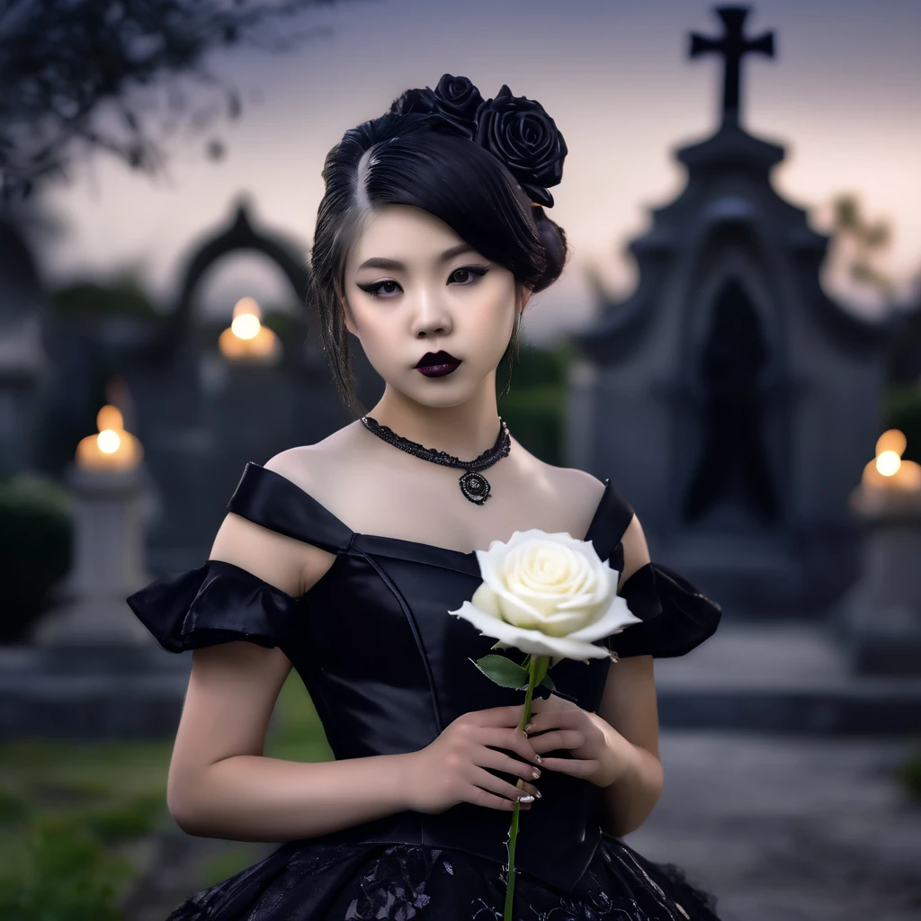 (masterpiece), (extremely intricate:1.3), (realistic), photo of a a bit chubby charming pale Japanese teen girl wearing a short black shoulderless gothic dress holding a white rose, (baroque hairstyle), plan american, spooky graveyard at night, professional photograph of a stunning teen girl detailed, sharp focus, dramatic, award winning, cinematic lighting, volumetrics dtx, (film grain, blurry background, blurry foreground, bokeh, depth of field, night, motion blur:1.3), 4k, 8k, hd, hdr