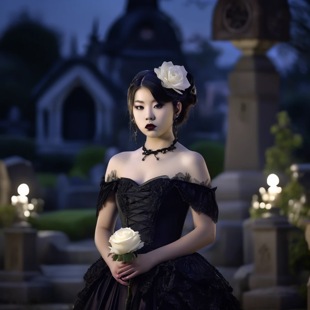 (masterpiece), (extremely intricate:1.3), (realistic), photo of a a bit chubby charming pale Japanese teen girl wearing a short black shoulderless gothic dress holding a white rose, (baroque hairstyle), plan american, spooky graveyard at night, professional photograph of a stunning teen girl detailed, sharp focus, dramatic, award winning, cinematic lighting, volumetrics dtx, (film grain, blurry background, blurry foreground, bokeh, depth of field, night, motion blur:1.3), 4k, 8k, hd, hdr