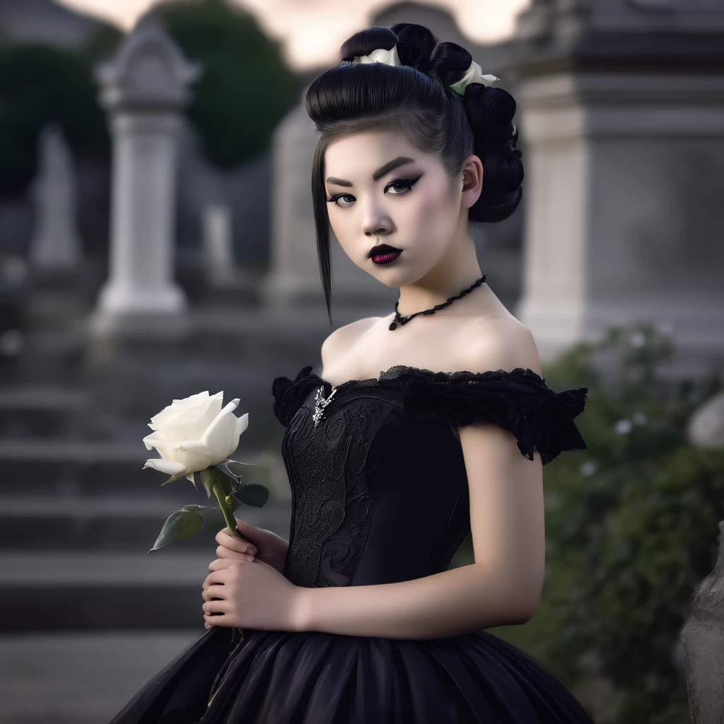 (masterpiece), (extremely intricate:1.3), (realistic), photo of a a bit chubby charming pale Japanese teen girl wearing a short black shoulderless gothic dress holding a white rose, (baroque hairstyle), plan american, spooky graveyard at night, professional photograph of a stunning teen girl detailed, sharp focus, dramatic, award winning, cinematic lighting, volumetrics dtx, (film grain, blurry background, blurry foreground, bokeh, depth of field, night, motion blur:1.3), 4k, 8k, hd, hdr