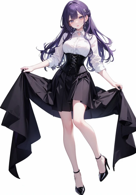((Perfect Face)),Purple Hair,long hair,1 female,bartender,(((White shirt with rolled up sleeves)),(corset),(((Tight Skirt))),,High heels,,((Simple White background)),((smile)),((full body)),((whole body)),Portraits,virtual,upright,
