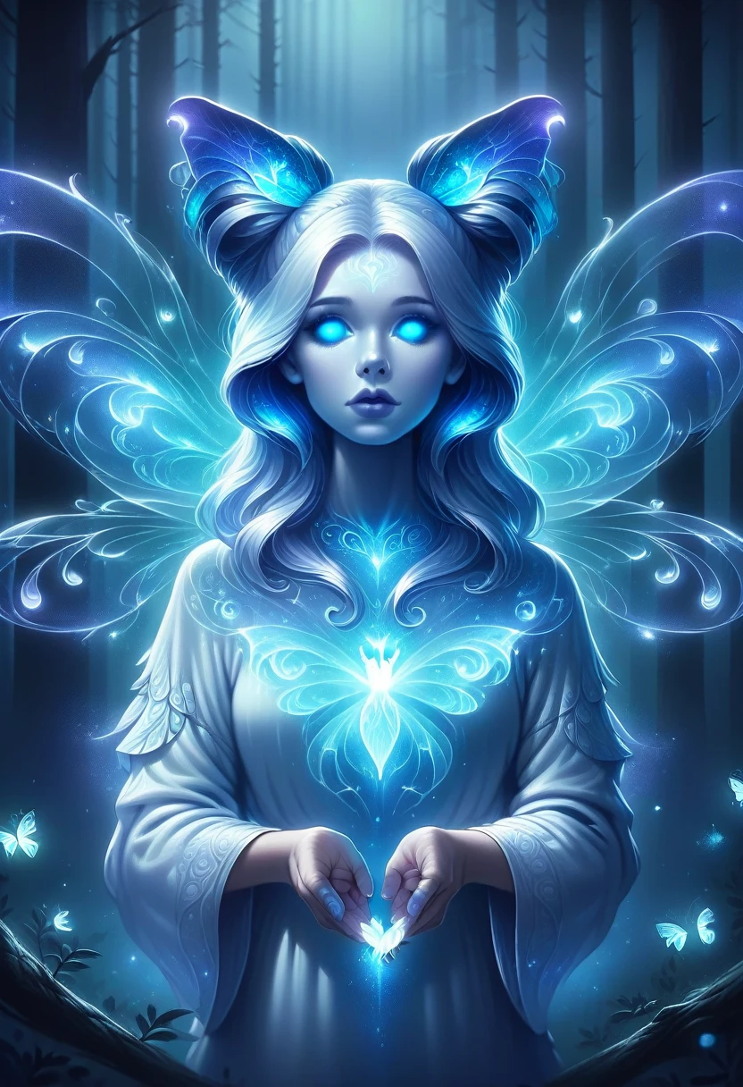 spirit animal, score_9, score_8_consolation, score_7_consolation, score_6_consolation, score_5_consolation, score_4_consolation, ethereal ghost baby fox, Beloved, cartoon character, glowing blue eyes, glowing butterflies, fantasy forest at night time, realistic, very detailed, There are no humans