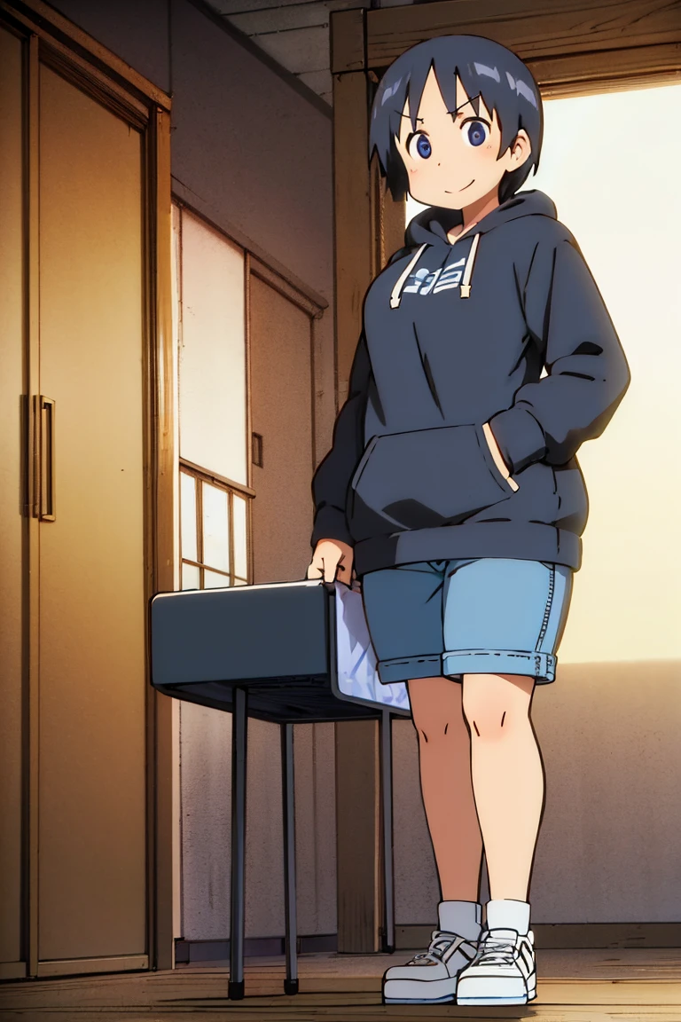 Kyoto animation, female, short hair, middle parted hairstyle, black hair, dark blue eye, cute face, thick eyebrows, big breast, sexy butt, slim body, sexy thigs, dark blue and white half body hoodie, short pants above thigs, brave smile, 90s style,