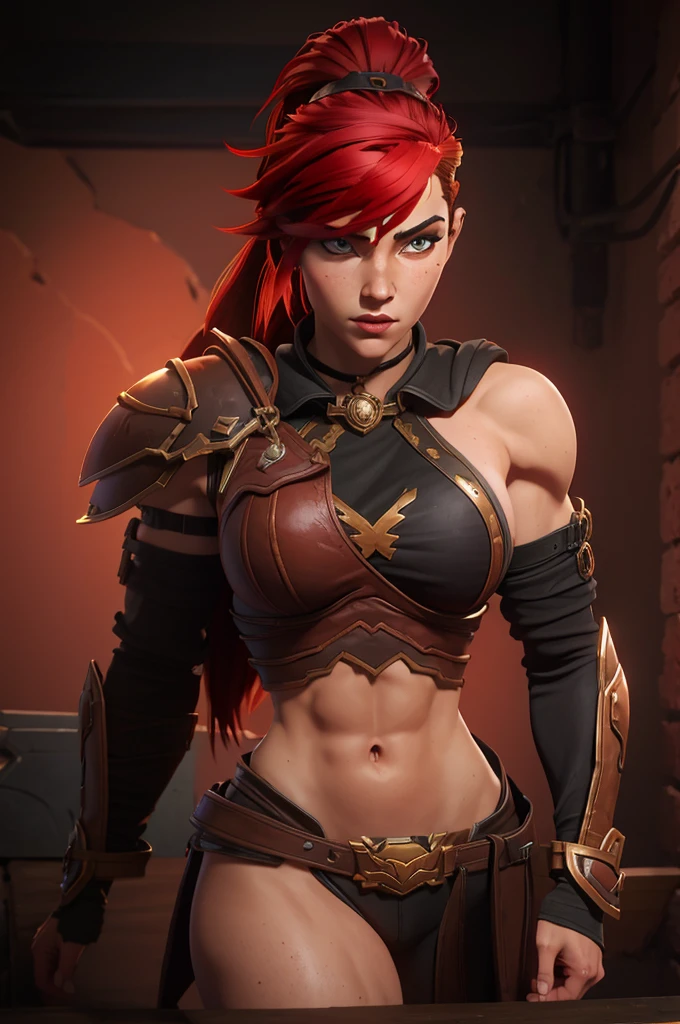 A muscular female warrior battle chasers nightwar red monika with red hair in a high ponytail, wearing a red and gold armored outfit. Her costume includes a form-fitting top and large shoulder guards, with a dark cloak around her neck. The background is dark with orange , adding a dramatic effect. JoeMAD2023,1girl, Red_Monica_v2, large breasts, action pose, 8k, uhd, best quality, cartoon, armor, trending on artstation, vibrant colors, epic fantasy, comic style,red hair, ancient city, toned body, abs,