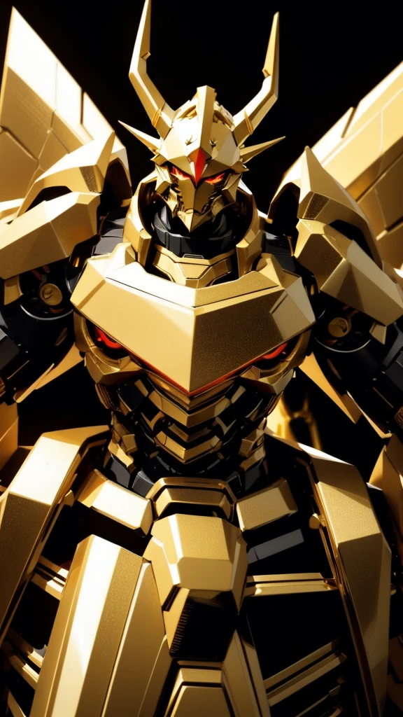 Robot, red mono eye, gold and black body, high quality, golden horns on head, heavily armored, Robot, red mono eye, Gold and Black body, high quality, golden horns on head, heavily armored, gold and black shoulders, arm armor is an austere shade, sunset background,