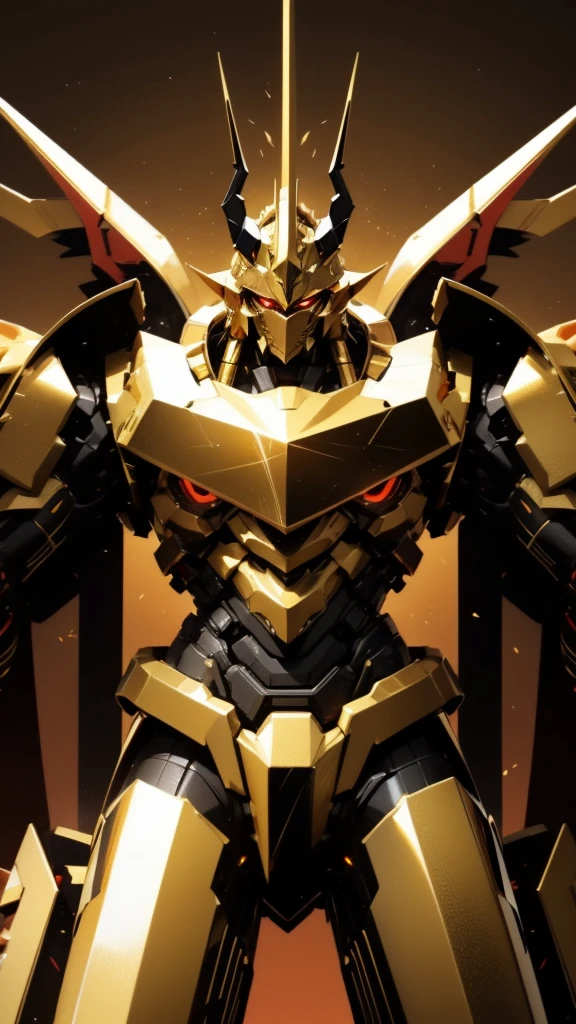 Robot, red mono eye, gold and black body, high quality, golden horns on head, heavily armored, Robot, red mono eye, Gold and Black body, high quality, golden horns on head, heavily armored, gold and black shoulders, arm armor is an austere shade, sunset background,