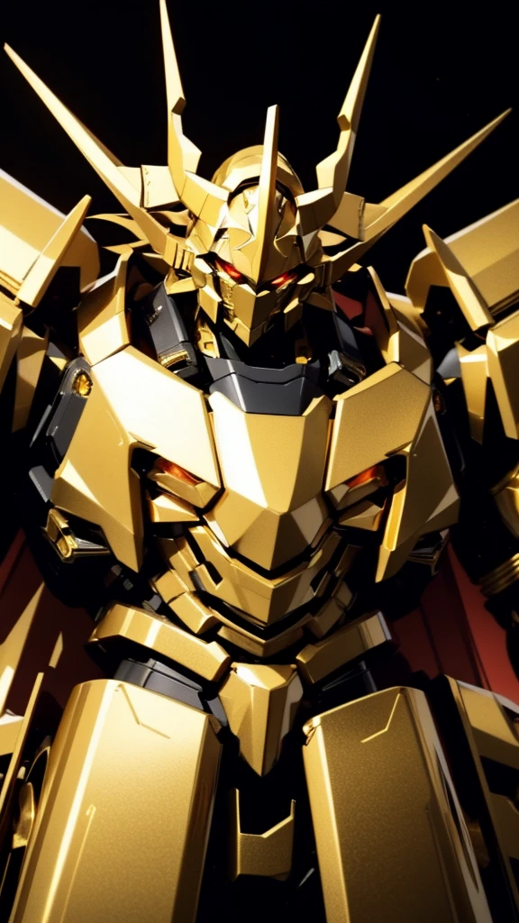 Robot, red mono eye, gold and black body, high quality, golden horns on head, heavily armored, Robot, red mono eye, Gold and Black body, high quality, golden horns on head, heavily armored, gold and black shoulders, arm armor is an austere shade, sunset background,