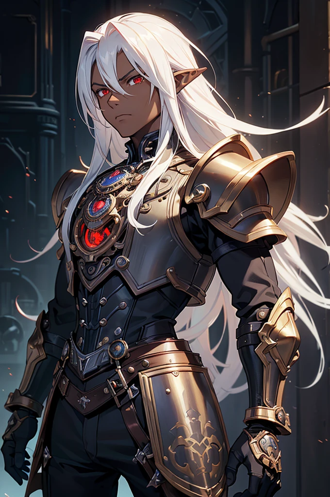 ((best quality)), ((masterpiece)), (detailed), ((boy)), ((mechanical armor)), (steampunk), (serious), dark skinned, human, upper body, portrait, red eyes, long white hair, Xemnas from Kingdom Hearts, half-drow, pointy ears, serious face