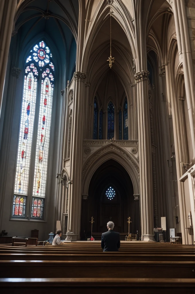 Satan in a church arguing with god