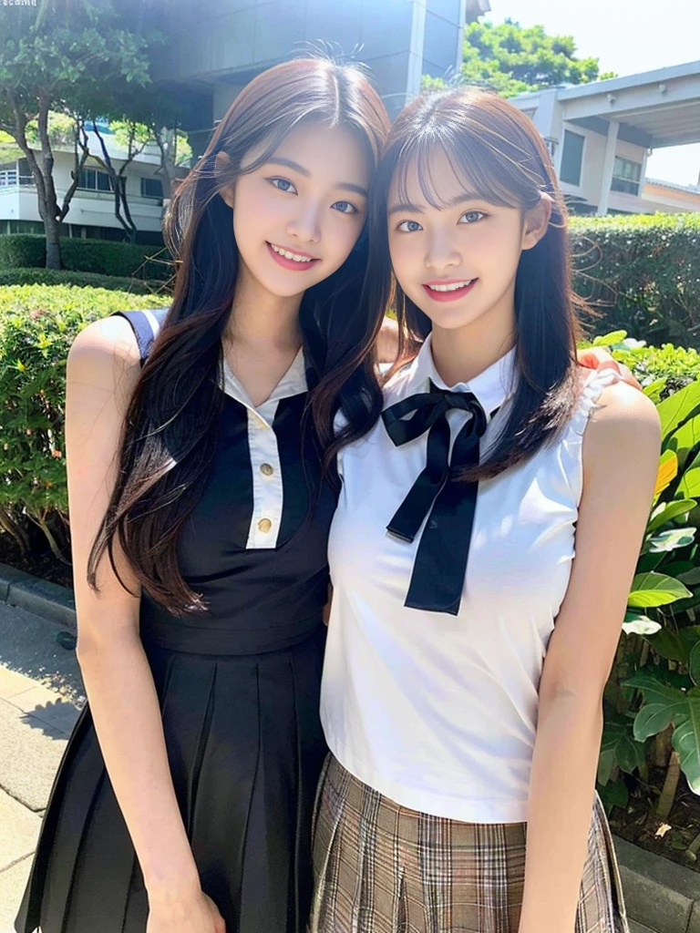 (Super cute Korean high school girls duo hugging each other and taking a photo 1.2)(grin,Smile)(Beautiful Sweat:1.1)(16k, RAW Photos, Highest quality, masterpiece: 1.2),(Cute hairstyle with shiny black hair) Super detailed, Super Resolution, (Genuine, Genuine photos: 1.37), Portraiture, High-resolution RAW color photos, Professional photos, Very detailed, 8k wallpaper, Very detailed CG Unity 8k wallpaper, Very detailed beautiful girls, Very detailed faces, ((whole body)), beautiful woman, Huge breasts,(huge boobs:1.1) (Big Boobs:1.1), Beauty college student (A tight, girly, navy sleeveless school uniform with ribbon.),high school girl, Korean Girls,(K-POP Female Idols), (Idol-class beauty)(Beautiful high school girl:1.1)(famous beaches in hawaii:1.2)(18-year-old)(Stylish summer outfit:1.1)NSFW