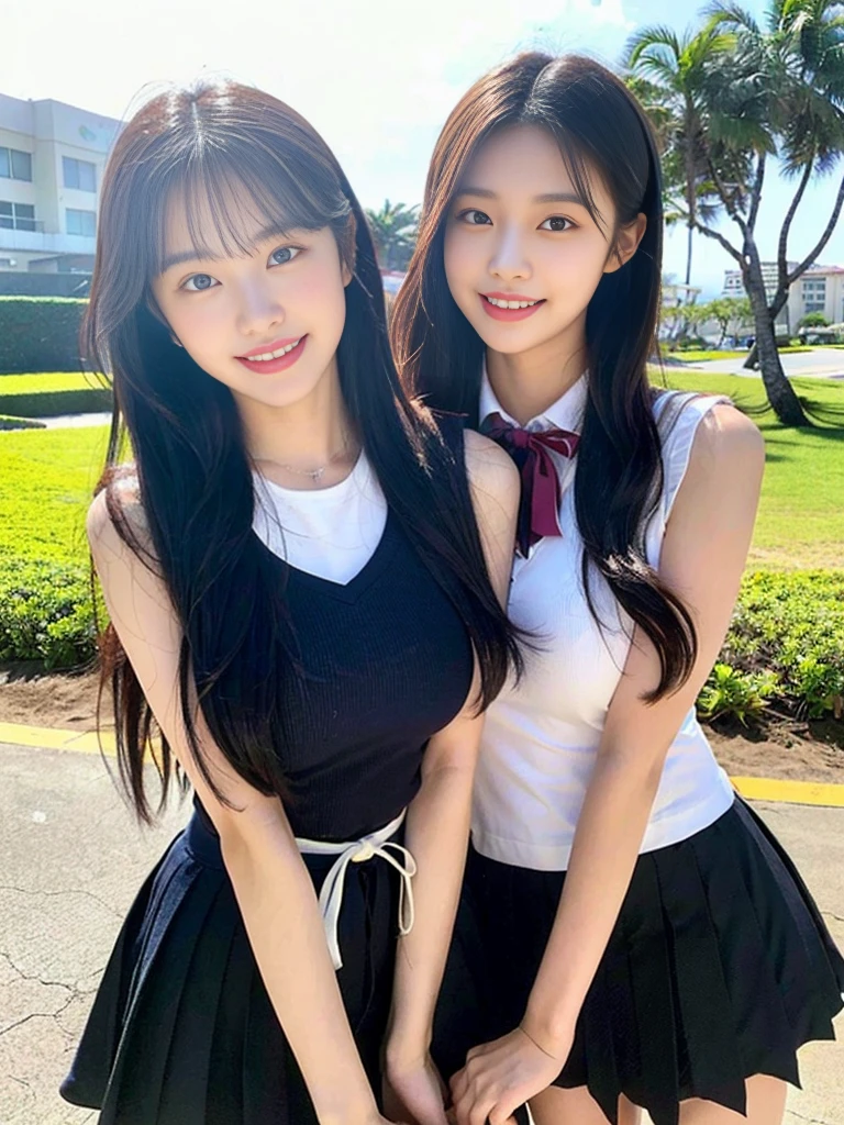 (Super cute Korean high school girls duo hugging each other and taking a photo 1.2)(grin,Smile)(Beautiful Sweat:1.1)(16k, RAW Photos, Highest quality, masterpiece: 1.2),(Cute hairstyle with shiny black hair) Super detailed, Super Resolution, (Genuine, Genuine photos: 1.37), Portraiture, High-resolution RAW color photos, Professional photos, Very detailed, 8k wallpaper, Very detailed CG Unity 8k wallpaper, Very detailed beautiful girls, Very detailed faces, ((whole body)), beautiful woman, Huge breasts,(huge boobs:1.1) (Big Boobs:1.1), Beauty college student (A tight, girly, navy sleeveless school uniform with ribbon.),high school girl, Korean Girls,(K-POP Female Idols), (Idol-class beauty)(Beautiful high school girl:1.1)(famous beaches in hawaii:1.2)(18-year-old)(Stylish summer outfit:1.1)NSFW