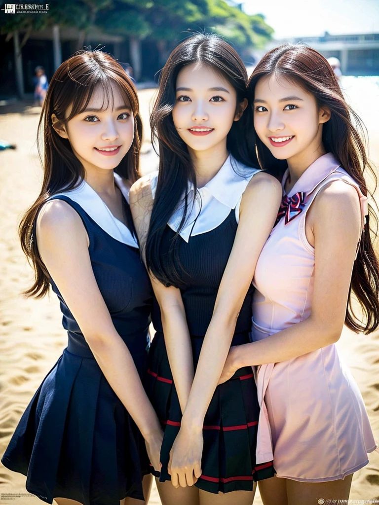 (Super cute Korean high school girls duo hugging each other and taking a photo 1.2)(grin,Smile)(Beautiful Sweat:1.1)(16k, RAW Photos, Highest quality, masterpiece: 1.2),(Cute hairstyle with shiny black hair) Super detailed, Super Resolution, (Genuine, Genuine photos: 1.37), Portraiture, High-resolution RAW color photos, Professional photos, Very detailed, 8k wallpaper, Very detailed CG Unity 8k wallpaper, Very detailed beautiful girls, Very detailed faces, ((whole body)), beautiful woman, Huge breasts,(huge boobs:1.1) (Big Boobs:1.1), Beauty college student (A tight, girly, navy sleeveless school uniform with ribbon.),high school girl, Korean Girls,(K-POP Female Idols), (Idol-class beauty)(Beautiful high school girl:1.1)(famous beaches in hawaii:1.2)(18-year-old)(Stylish summer  outfit:1.1)NSFW