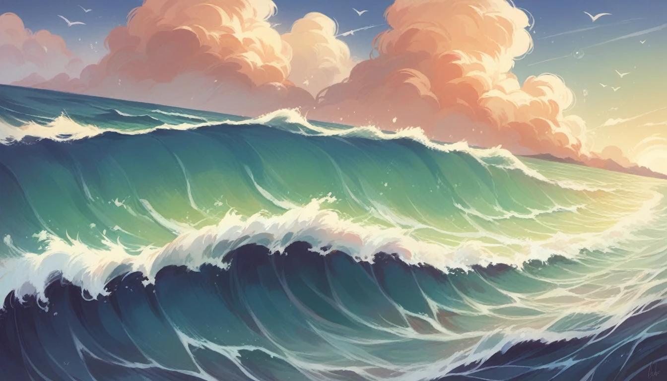 "Create a realistic image of a beautiful beach scene featuring stunning ocean waves. The scenery should capture the dynamic motion of the waves, the sparkling water, and the serene coastal environment."
