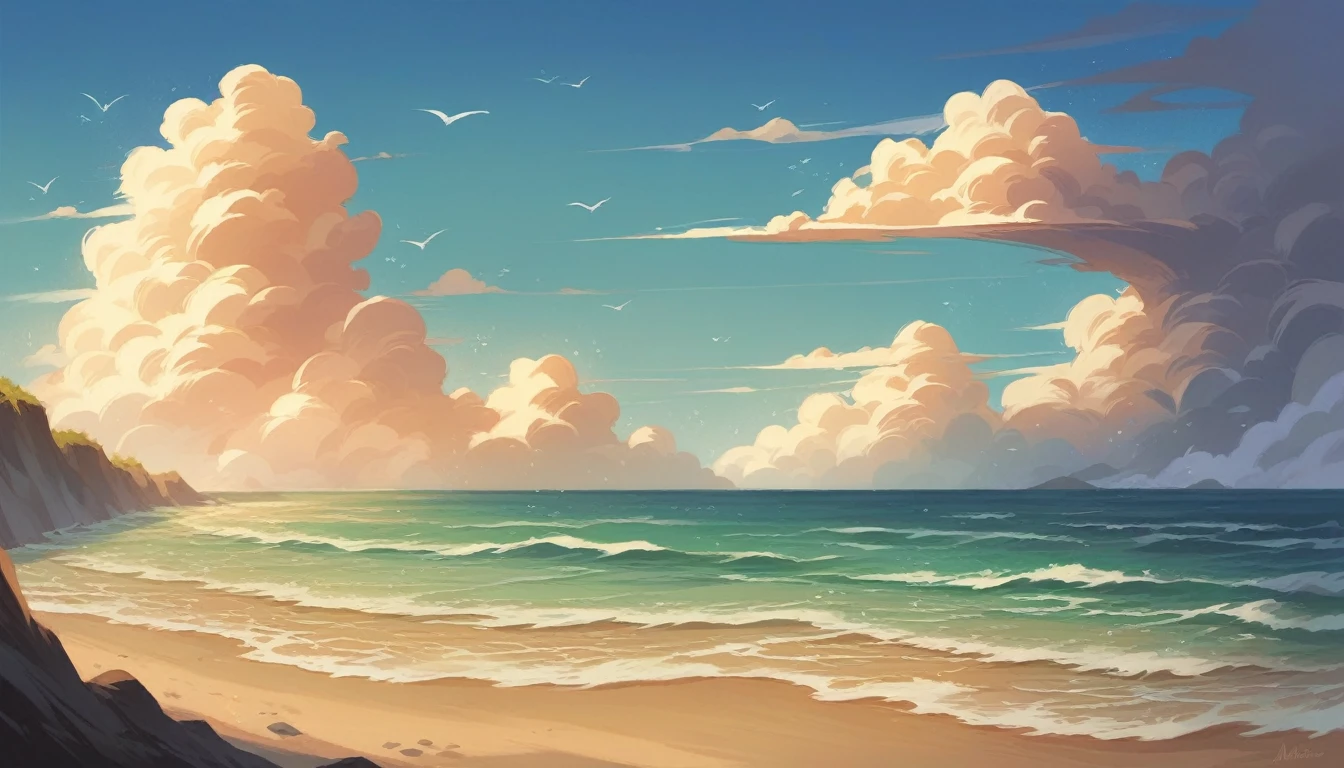 "Create a realistic image of a beautiful beach scene featuring stunning ocean waves. The scenery should capture the dynamic motion of the waves, the sparkling water, and the serene coastal environment."