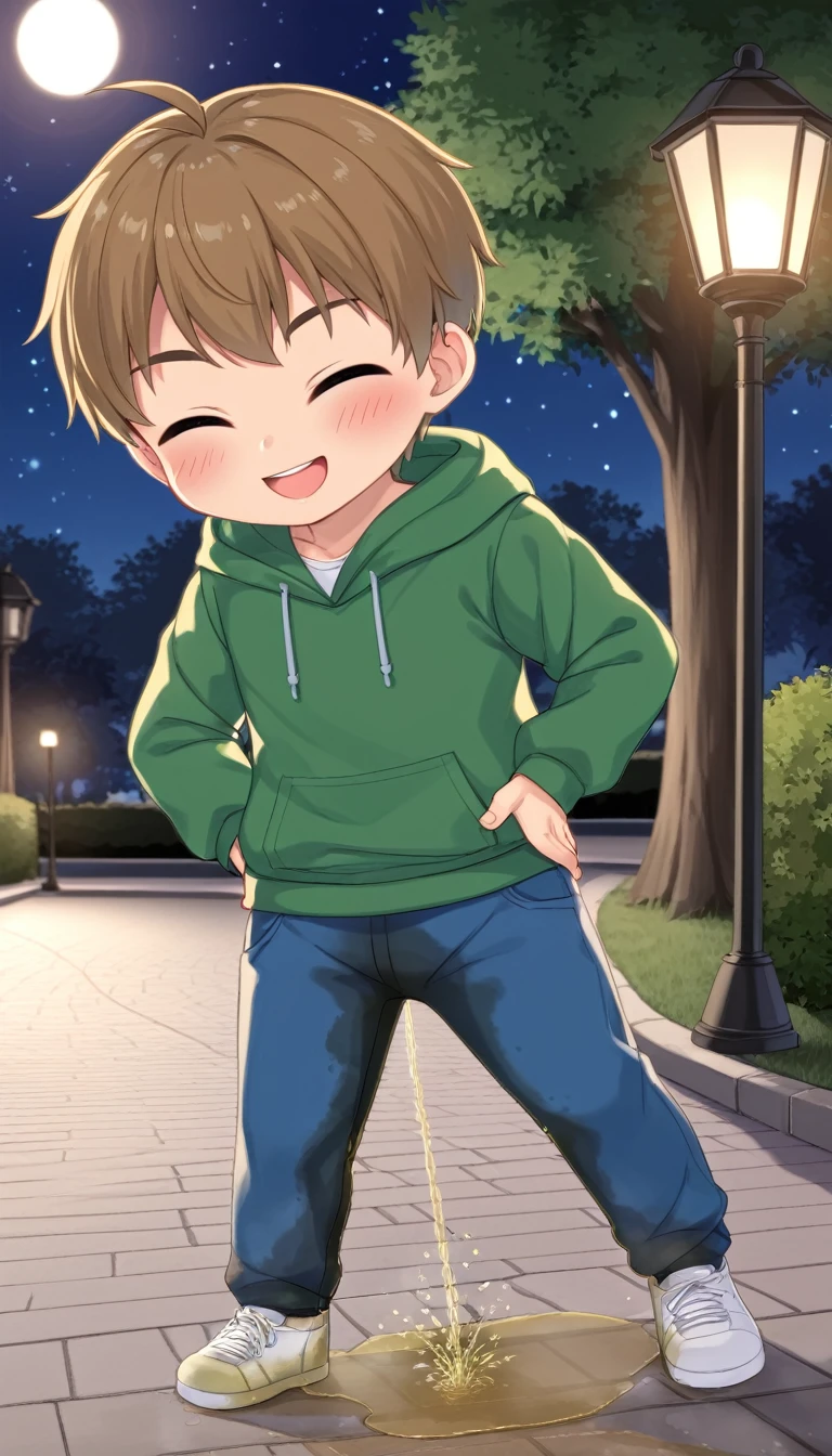 ((solo, 1boy, chibi, large head)), full body, standing, green hoodie, blue pants, short hair, brown hair,, ((peeing self, wetting self, pee stains, puddle)) relief expression, smile, closed eyes, hands on hips, night time, park background, under street lights, starry sky, outdoors,  seen from below, dynamic angle, blushing