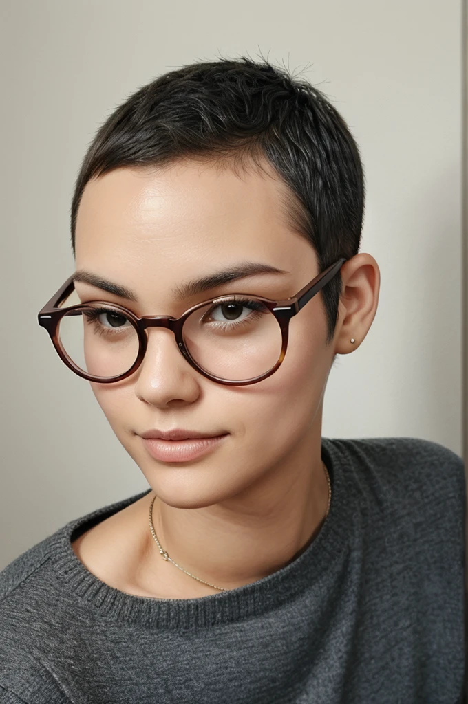 Short buzz cut and egg shape face and wearing specs