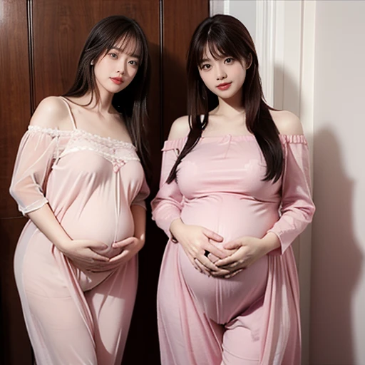 2 women，Mom and mother-in-law，35 years old，人妻 A pregnant woman，pregnant，pregnant，pregnant with twins，10  pregnant，Pretty Face，Sexy body，Long hair，Wearing a pink transparent off-shoulder dress，Sexy pajamas