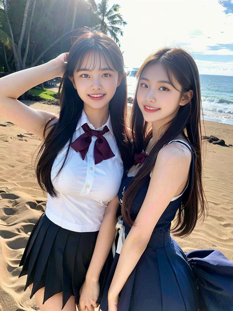 (Super cute Korean high school girls duo hugging each other and taking a photo 1.2)(grin,Smile)(Beautiful Sweat:1.1)(16k, RAW Photos, Highest quality, masterpiece: 1.2),(Cute hairstyle with shiny black hair) Super detailed, Super Resolution, (Genuine, Genuine photos: 1.37), Portraiture, High-resolution RAW color photos, Professional photos, Very detailed, 8k wallpaper, Very detailed CG Unity 8k wallpaper, Very detailed beautiful girls, Very detailed faces, ((whole body)), beautiful woman, Huge breasts,(huge boobs:1.1) (Big Boobs:1.1), Beauty college student (A tight, girly, navy sleeveless school uniform with ribbon.),high school girl, Korean Girls,(K-POP Female Idols), (Idol-class beauty)(Beautiful high school girl:1.1)(famous beaches in hawaii:1.2)(18-year-old)(Stylish summer  outfit:1.1)NSFW