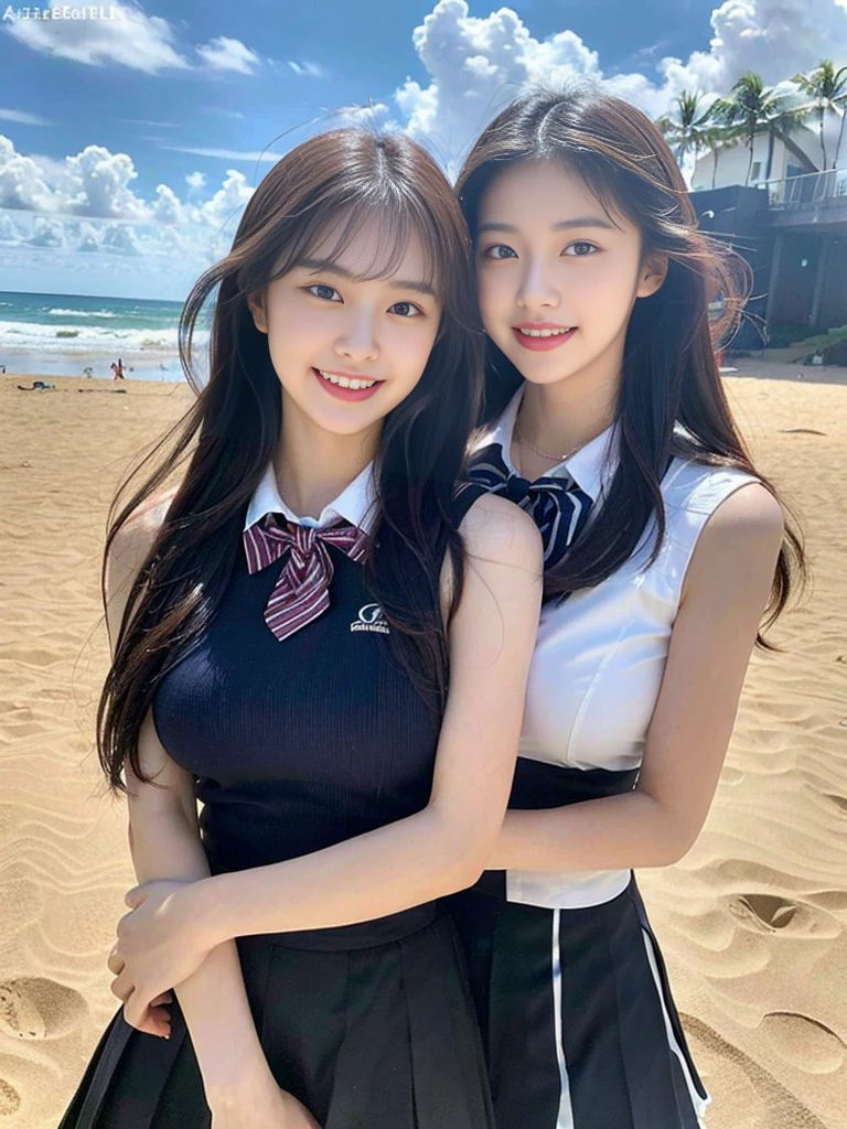 (Super cute Korean high school girls duo hugging each other and taking a photo 1.2)(grin,Smile)(Beautiful Sweat:1.1)(16k, RAW Photos, Highest quality, masterpiece: 1.2),(Cute hairstyle with shiny black hair) Super detailed, Super Resolution, (Genuine, Genuine photos: 1.37), Portraiture, High-resolution RAW color photos, Professional photos, Very detailed, 8k wallpaper, Very detailed CG Unity 8k wallpaper, Very detailed beautiful girls, Very detailed faces, ((whole body)), beautiful woman, Huge breasts,(huge boobs:1.1) (Big Boobs:1.1), Beauty college student (A tight, girly, navy sleeveless school uniform with ribbon.),high school girl, Korean Girls,(K-POP Female Idols), (Idol-class beauty)(Beautiful high school girl:1.1)(famous beaches in hawaii:1.2)(18-year-old)(Stylish summer  outfit:1.1)NSFW