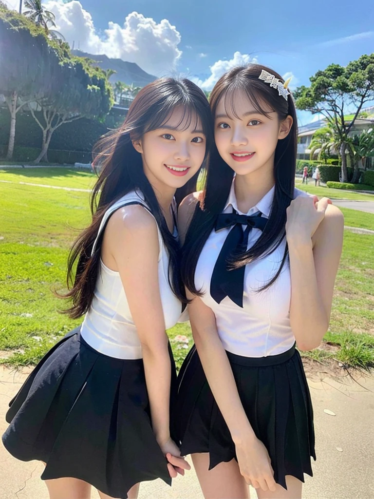 (Super cute Korean high school girls duo hugging each other and taking a photo 1.2)(grin,Smile)(Beautiful Sweat:1.1)(16k, RAW Photos, Highest quality, masterpiece: 1.2),(Cute hairstyle with shiny black hair) Super detailed, Super Resolution, (Genuine, Genuine photos: 1.37), Portraiture, High-resolution RAW color photos, Professional photos, Very detailed, 8k wallpaper, Very detailed CG Unity 8k wallpaper, Very detailed beautiful girls, Very detailed faces, ((whole body)), beautiful woman, Huge breasts,(huge boobs:1.1) (Big Boobs:1.1), Beauty college student (A tight, girly, navy sleeveless school uniform with ribbon.),high school girl, Korean Girls,(K-POP Female Idols), (Idol-class beauty)(Beautiful high school girl:1.1)(famous beaches in hawaii:1.2)(18-year-old)(Stylish summer  outfit:1.1)NSFW