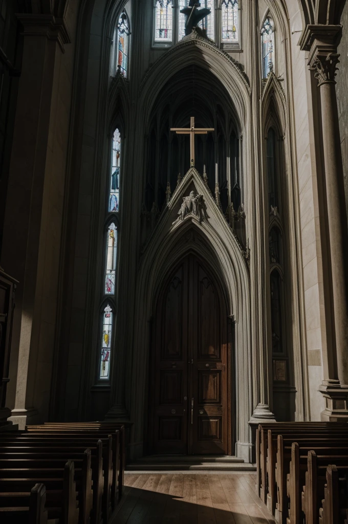 The interior of the church with the door being forced open by the werewolf outside, and the narrator holding the crucifix