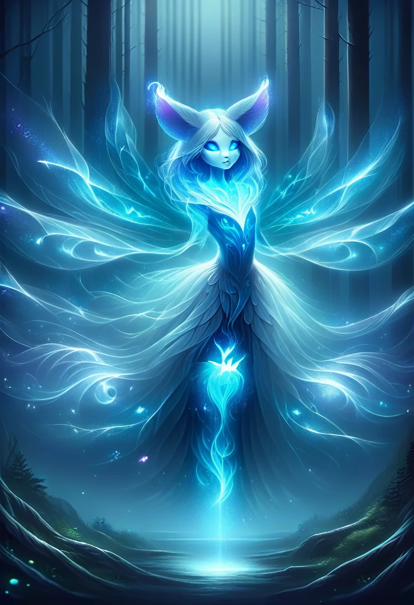 spirit animal, score_9, score_8_consolation, score_7_consolation, score_6_consolation, score_5_consolation, score_4_consolation, ethereal ghost baby fox, Beloved, cartoon character, glowing blue eyes, glowing butterflies, fantasy forest at night time, realistic, very detailed, There are no humans