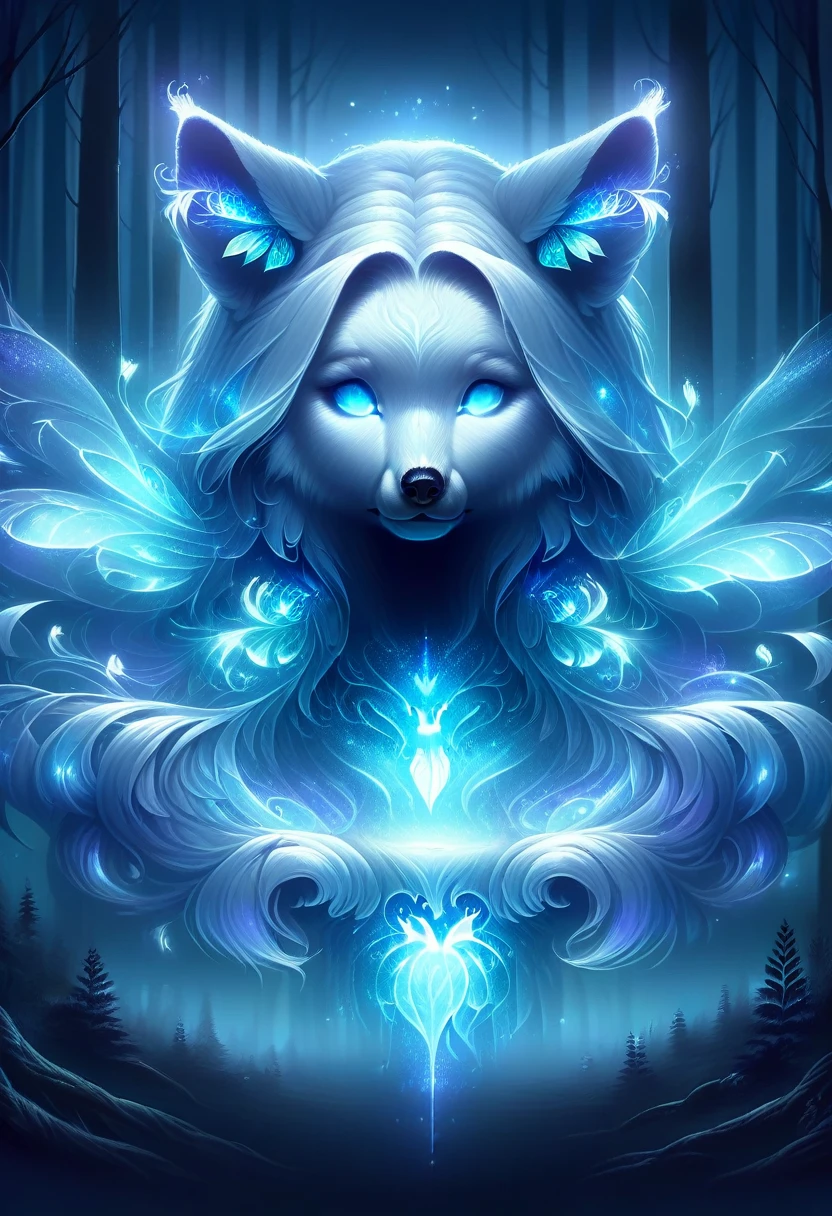 spirit animal, score_9, score_8_consolation, score_7_consolation, score_6_consolation, score_5_consolation, score_4_consolation, ethereal ghost baby fox, Beloved, cartoon character, glowing blue eyes, glowing butterflies, fantasy forest at night time, realistic, very detailed, There are no humans