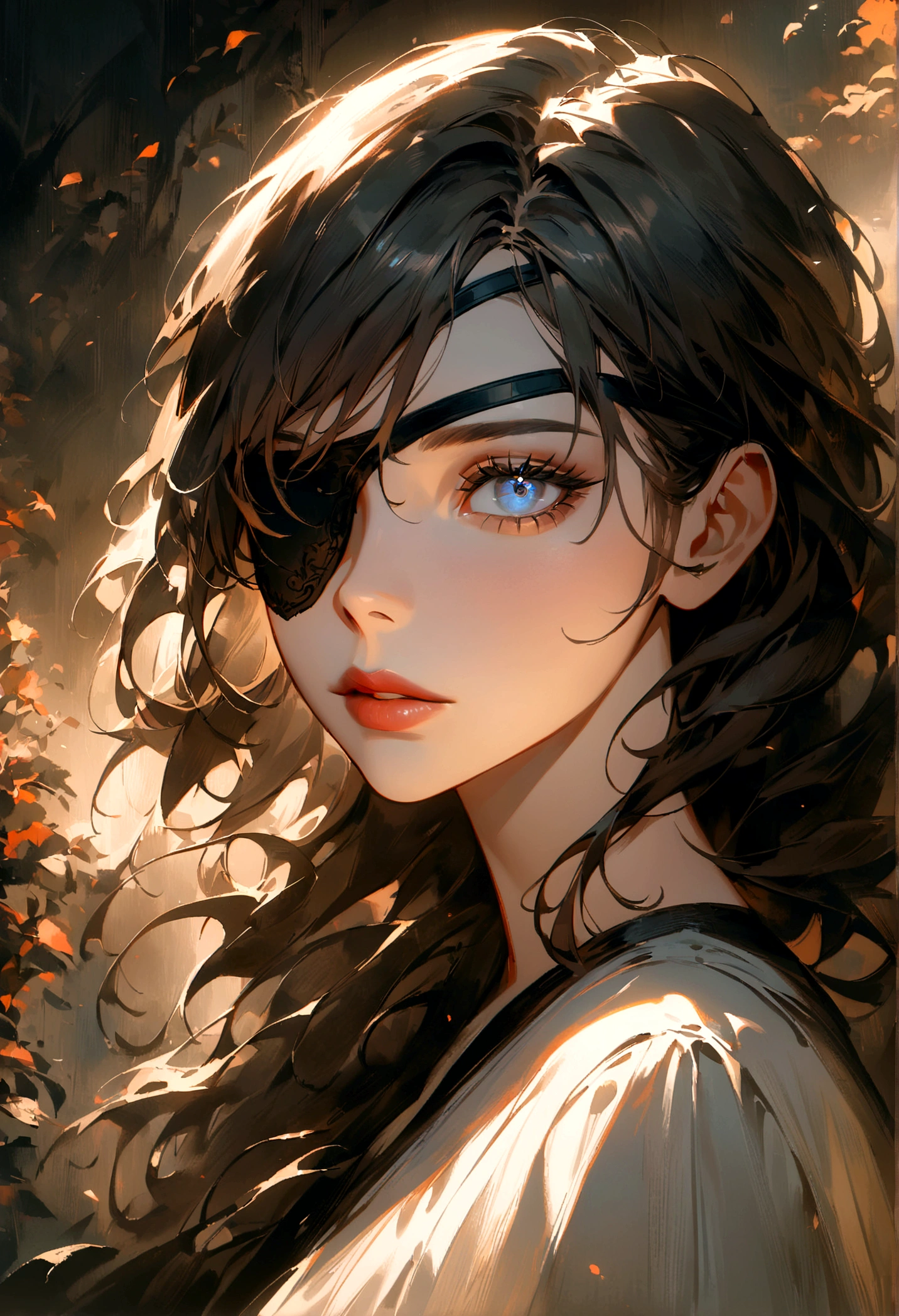 1girl, a woman with an eye patch, detailed face, beautiful eyes, beautiful lips, long eyelashes, intricate details, highly detailed, cinematic lighting, dramatic shadows, moody atmosphere, dark fantasy, digital painting, muted colors, chiaroscuro, oil painting, masterpiece, best quality, very aesthetic, absurdres