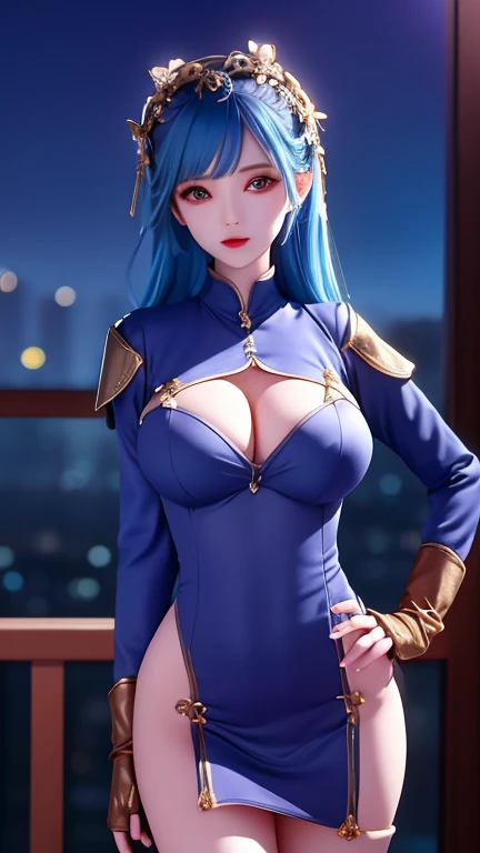 DLDL water ice tray, 1 girl, alone, blue hair, blue eyes,skirt,Single thigh high,thigh strap,long sleeves,Clothes tailoring, Capulet, Gloves, looking at the audience, city View, night, sensual female, hands on hips,  Big breasts，big breasts，Show breasts，exposing her chest