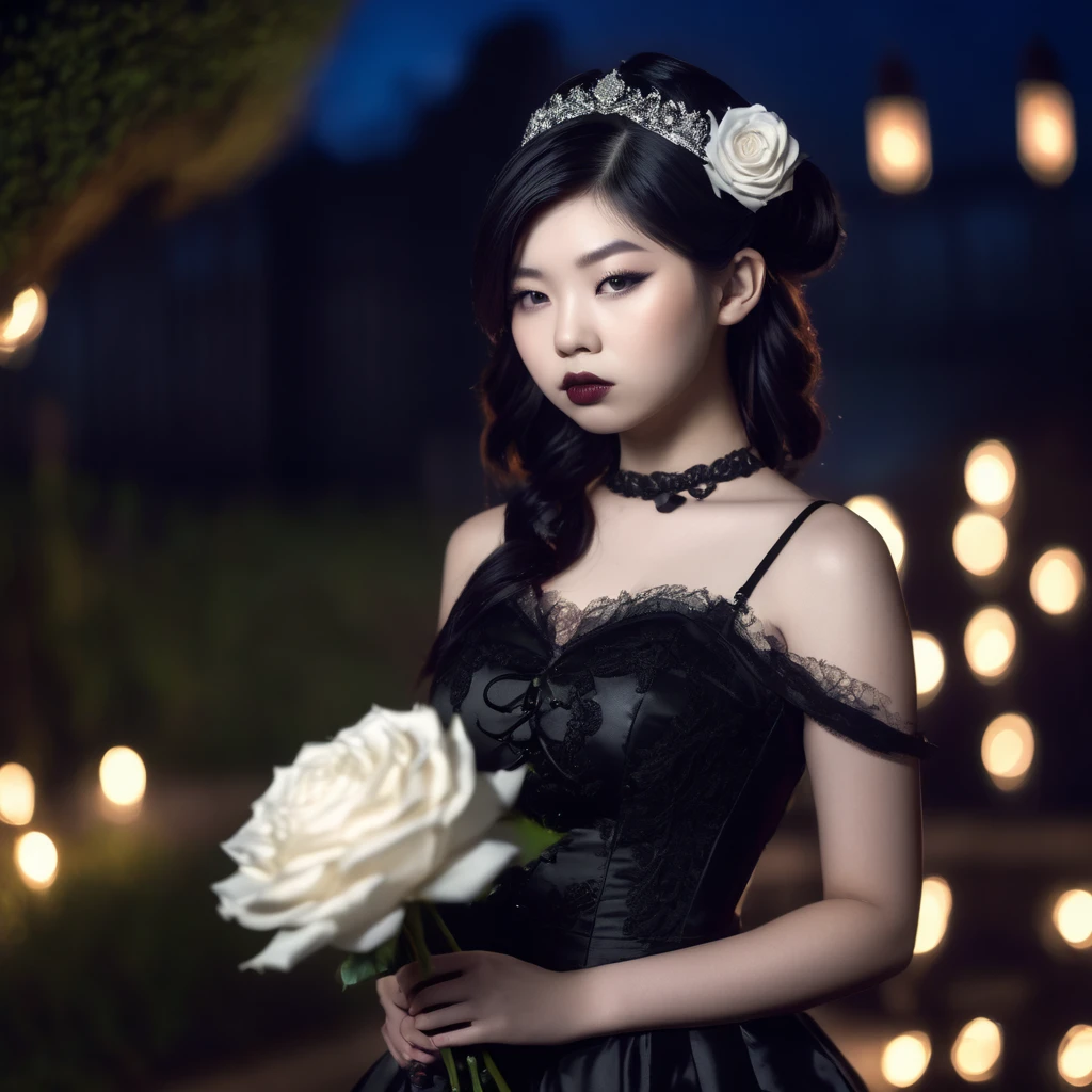 (masterpiece), (extremely intricate:1.3), (realistic), photo of a a bit chubby charming pale Japanese teen girl wearing a short black shoulderless gothic dress holding a white rose, (baroque hairstyle), plan american, spooky graveyard at night, professional photograph of a stunning teen girl detailed, sharp focus, dramatic, award winning, cinematic lighting, volumetrics dtx, (film grain, blurry background, blurry foreground, bokeh, depth of field, night, motion blur:1.3), 4k, 8k, hd, hdr