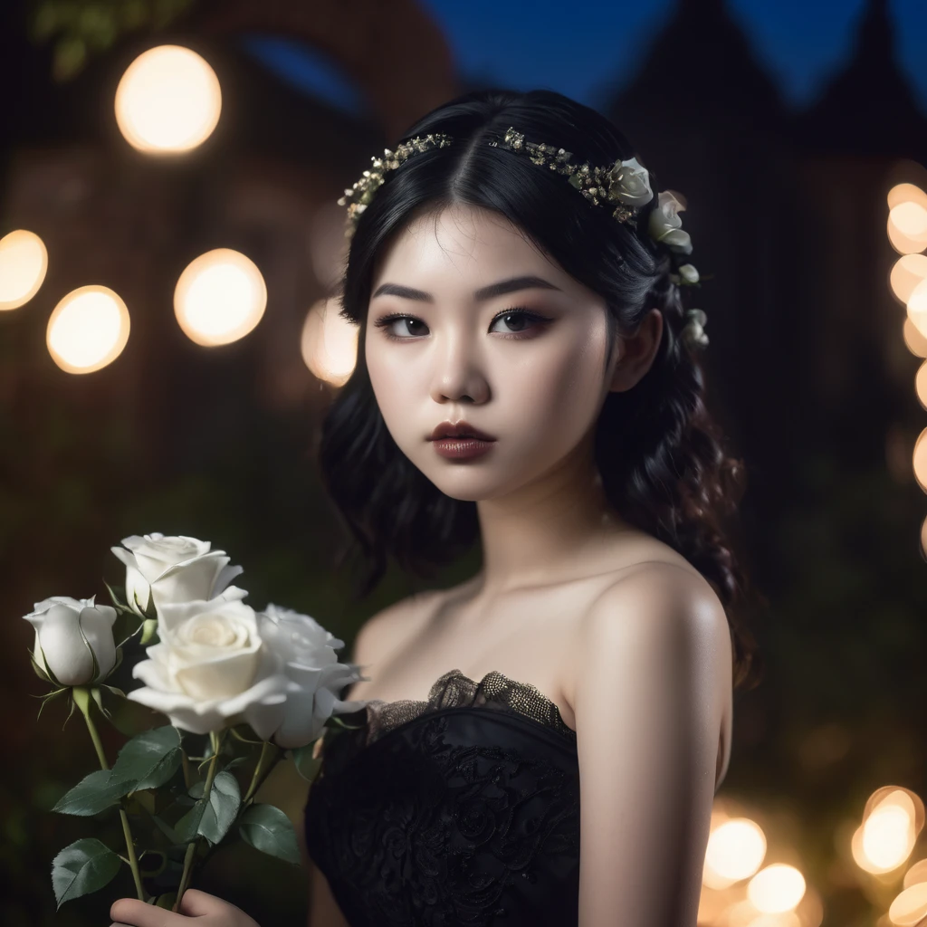 (masterpiece), (extremely intricate:1.3), (realistic), photo of a a bit chubby charming pale Japanese teen girl wearing a short black shoulderless gothic dress holding a white rose, (baroque hairstyle), plan american, spooky graveyard at night, professional photograph of a stunning teen girl detailed, sharp focus, dramatic, award winning, cinematic lighting, volumetrics dtx, (film grain, blurry background, blurry foreground, bokeh, depth of field, night, motion blur:1.3), 4k, 8k, hd, hdr