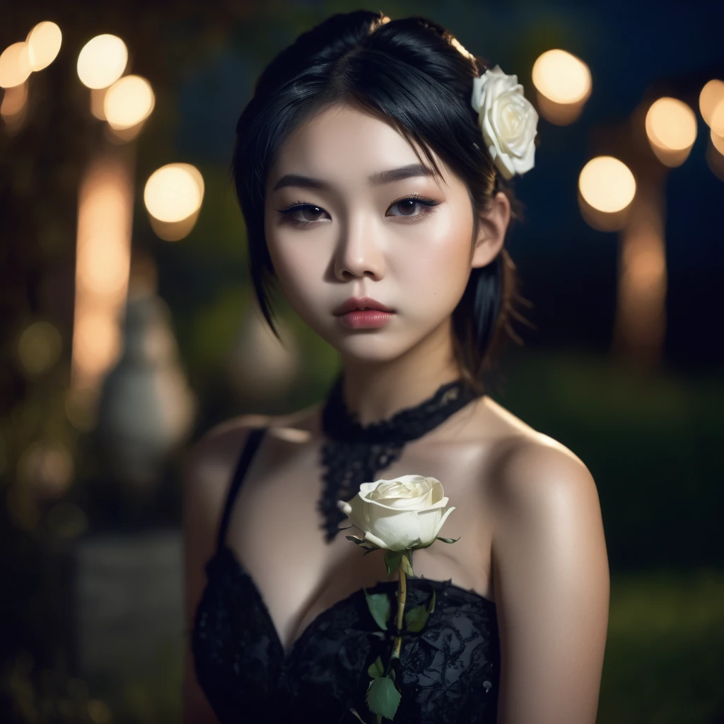 (masterpiece), (extremely intricate:1.3), (realistic), photo of a a bit chubby charming pale Japanese teen girl wearing a short black shoulderless gothic dress holding a white rose, (baroque hairstyle), plan american, spooky graveyard at night, professional photograph of a stunning teen girl detailed, sharp focus, dramatic, award winning, cinematic lighting, volumetrics dtx, (film grain, blurry background, blurry foreground, bokeh, depth of field, night, motion blur:1.3), 4k, 8k, hd, hdr