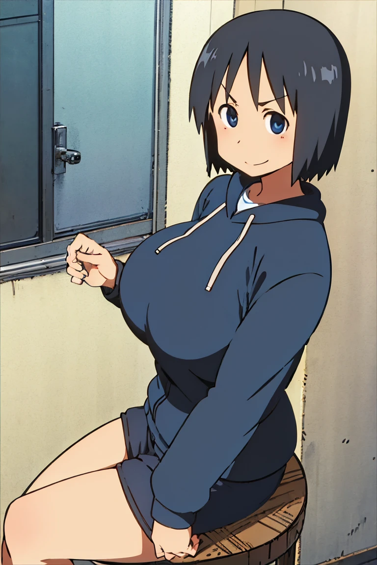 Kyoto animation, female, short hair, middle parted hairstyle, black hair, dark blue eye, cute face, thick eyebrows, big breast, sexy butt, slim body, sexy thigs, dark blue and white half body hoodie, short pants above thigs, brave smile, 90s style,