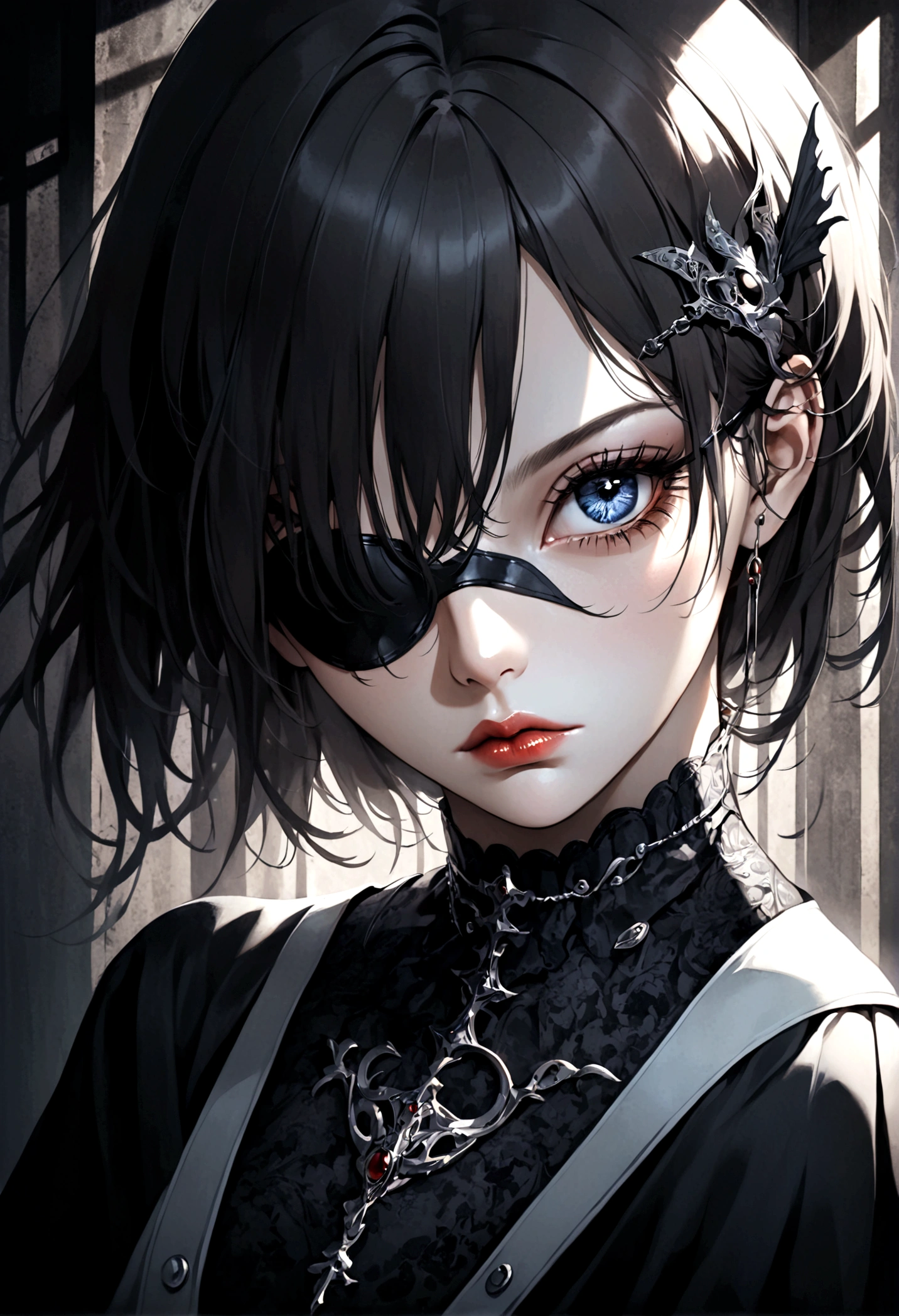 1girl, a woman with an eye patch, detailed face, beautiful eyes, beautiful lips, long eyelashes, intricate details, highly detailed, cinematic lighting, dramatic shadows, moody atmosphere, dark fantasy, digital painting, muted colors, chiaroscuro, oil painting, masterpiece, best quality, very aesthetic, absurdres