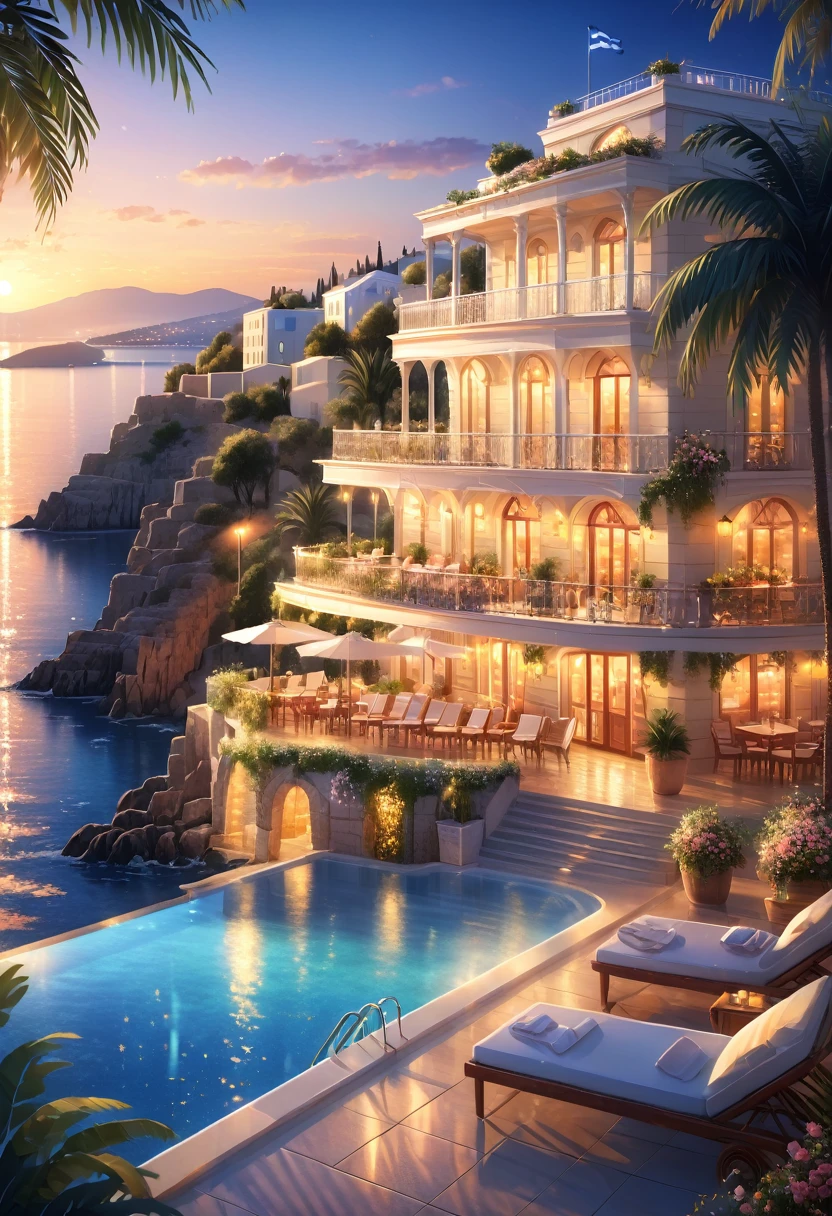 Cruise ship arrives at Greek port.It is a comfortable and relaxing resort...Gorgeous and elegant mansion hotel.The modern and beautiful city with a distant view is a famous holiday destination.Beautiful beach with sea views.Outdoor swimming pool.Cool glasses filled with iced carbonated drinks and delicate fruits on the table, The lights are dazzling at night, Sea view in the distance, Palm and coconut groves in the distance, Romantic and beautiful environment, optimistic matte, Beautiful digital artwork, Cozy café, Beautiful and detailed scenes, Relaxation concept art, 8k high quality detailed art, 4k highly detailed digital art, Highly detailed scenes(night scene.warm light)(best quality,4K,8k,high resolution,masterpiece:1.2),Super detailed,(actual,photoactual,photo-actual:1.37),bokeh background, and text the successful life