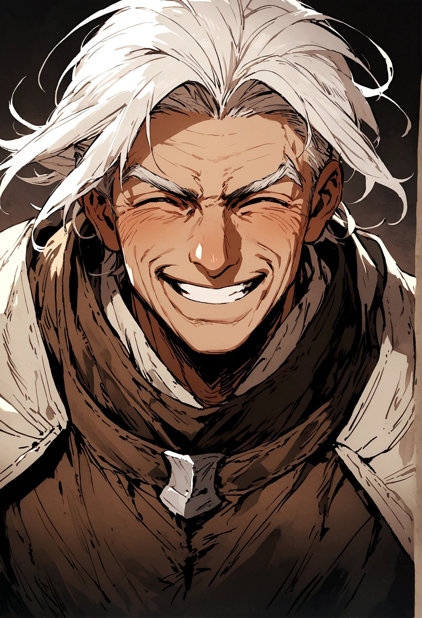 Fantasy male medieval character white hair no background middle aged man half body middle of page looking straight happy