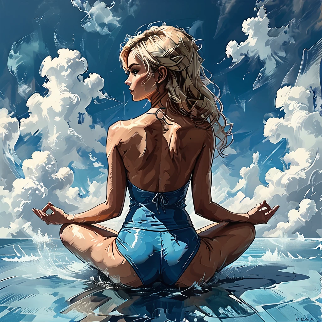 
((back view)), girl sitting in lotus pose on the surface of the water against the background of clouds, 
turned around, turn about, surprise,
 sitting on the water, back view girl sits in the lotus position, cloud, sea line, only water and clouds,
girl in blue Half top wrestler and blue Elastic shorts turn about,, adult, [Nordic], Hourglass elongated fitness body, perfect Olive skin, Oval Face, Long neck, Rounded shoulders, perfect hand,  Attached Pointed ears, round forehead, (Short blonde Waves pixie hair), snub nose, Arched eyebrows, Monolid blue Eyes, High Round Narrow cheekbones, Dimpled Cheeks, Rounded Chin, Rounded Jawline, Fine Puppet Wrinkles, Full nude Lips, (blue eyes), Nude Makeup Look, long eyelashes, Profile Angle, bare broad shoulders, Sagittal Plane Curves, blades shoulders, spinal line, well trained back, fitness round ass, back dimples,    
 graphic style of novel comics, 
2d, 8k, iMax, hyperrealism, masterpiece, high resolution, best quality, ultra-detailed, super realistic, Hyperrealistic art, high-quality, ultra high res, highest detailed, lot of details, Extremely high-resolution details, incredibly lifelike, colourful, 