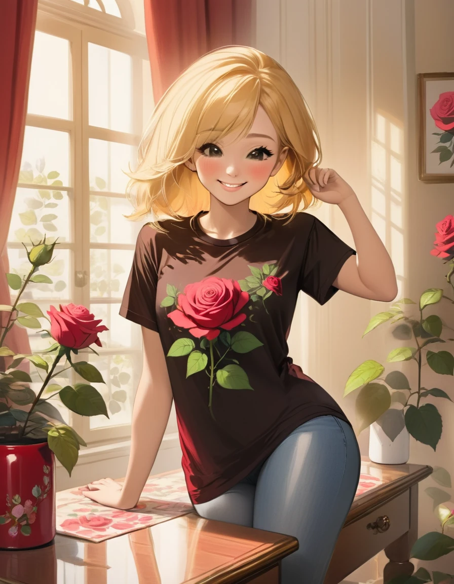 A beautiful young woman, blond hair, wearing a t-shirt with rose print, smiling, with a mug, in a beautiful room, morning