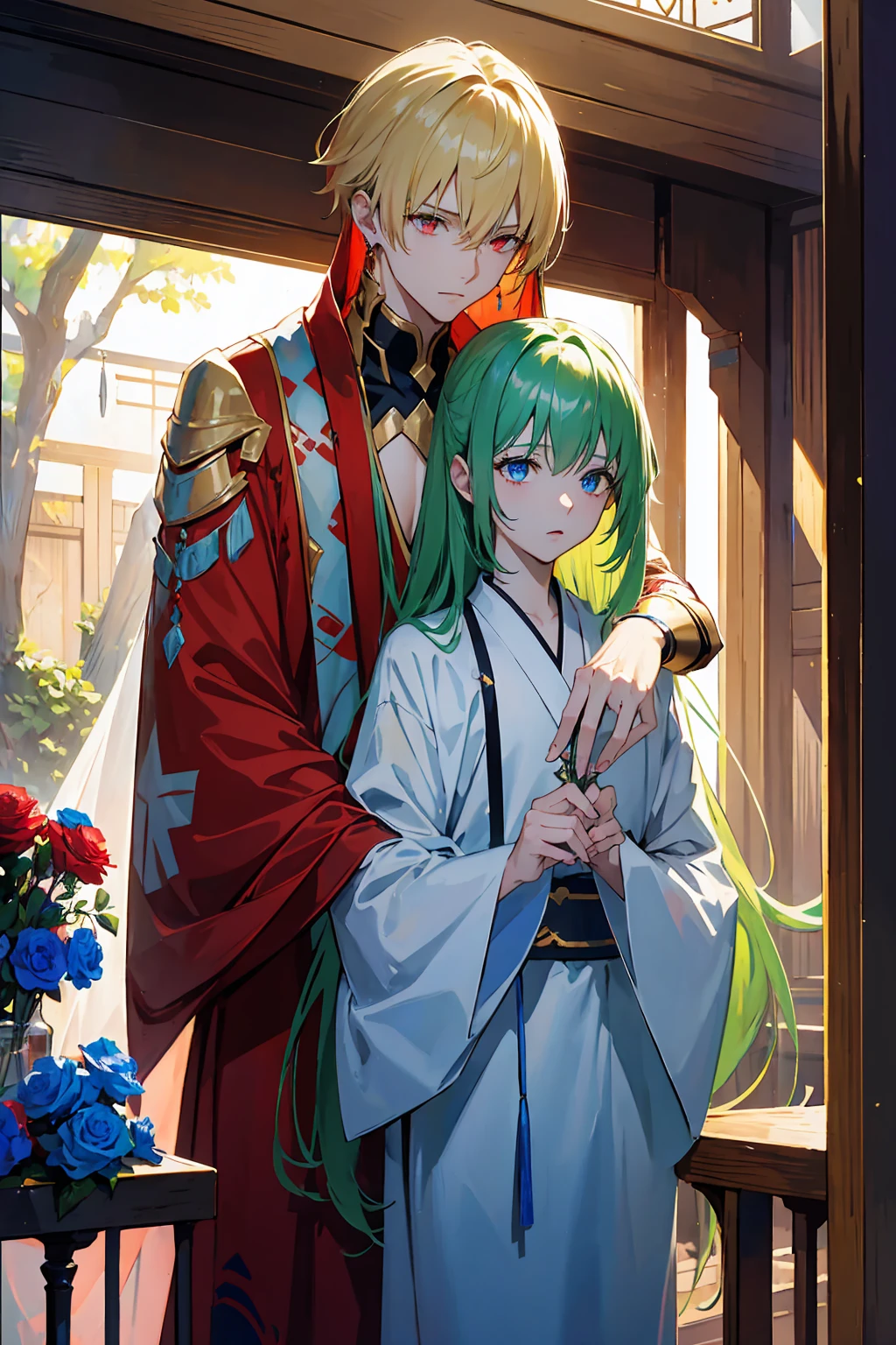 absurdres, highres, ultra detailed, HDR, master piece, best quality, extremely detailed face, delicated features, (caster) Gilgamesh, messy blonde hair, expressive red eyes, fate grand order, Enkidu, green hair, expressive blue eyes, two sexy men together, gay couple, yaoi, handsome, toned chest, arabian, golden earrings, jewelry, white kimono, red haori, blue rose garden, blue trees, blue flowers, blue butterflies