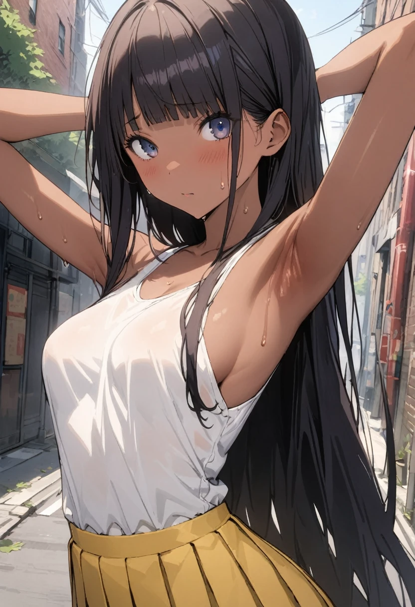 (((masterpiece, Highest quality:1.3,absurdres))),25 year old beauty,solo,((very small head:1.3)),long hair,bangs,dark blue hair,dark blue eyes,gorgeous eyes,shy,tongue、drooling,medium breasts,((very long body:1.3)),((toned body,slender body)),skinny,((tan skin)),gleaming skin,shiny skin,sweat,((orgasm,Love juice dripping down thighs)),(White tank top、Yellow pleated mini skirt),arms up,kneeling,on street,Back Alley、New York City、
