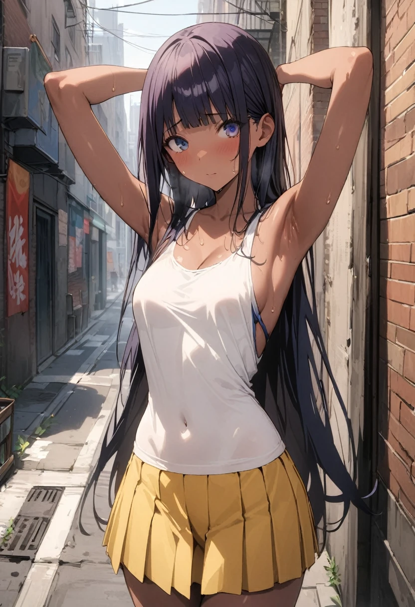 (((masterpiece, Highest quality:1.5,absurdres))),POV,penis,irrumatio,25 year old beauty,solo,((very small head:1.3)),long hair,bangs,(dark blue hair),dark blue eyes,gorgeous eyes,shy,tears,tongue、drooling,medium breasts,((very long body:1.3)),((toned body,slender body)),skinny,((tan skin:1.5)),gleaming skin,shiny skin,sweat,(cum on face,),(White tank top、Yellow pleated mini skirt、Love juice),barefoot、arms up,kneeling,spread legs,on street,Back Alley、New York City、